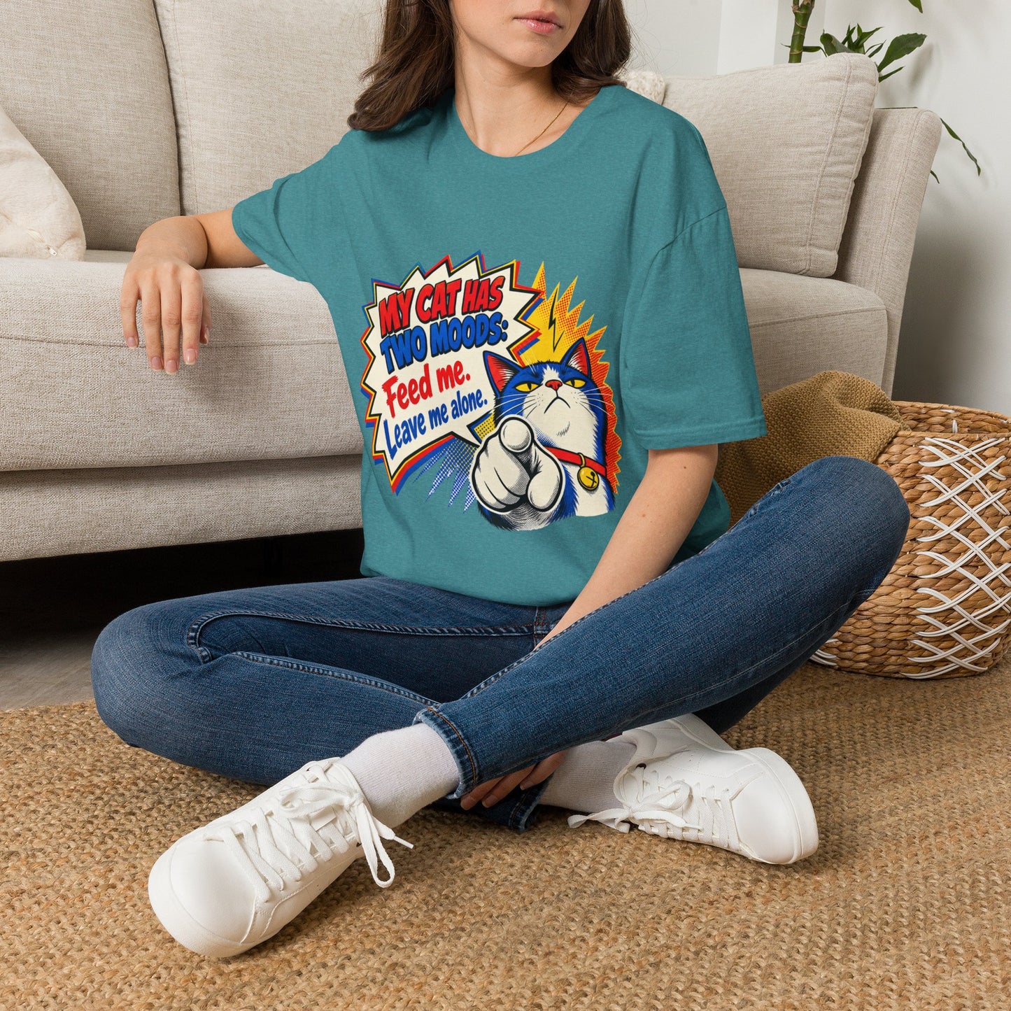 Cat T-Shirt — "My Cat Has Two Moods: Feed Me, Leave Me Alone" Funny Retro Comic Tee