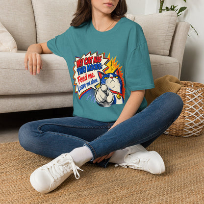 Cat T-Shirt — "My Cat Has Two Moods: Feed Me, Leave Me Alone" Funny Retro Comic Tee