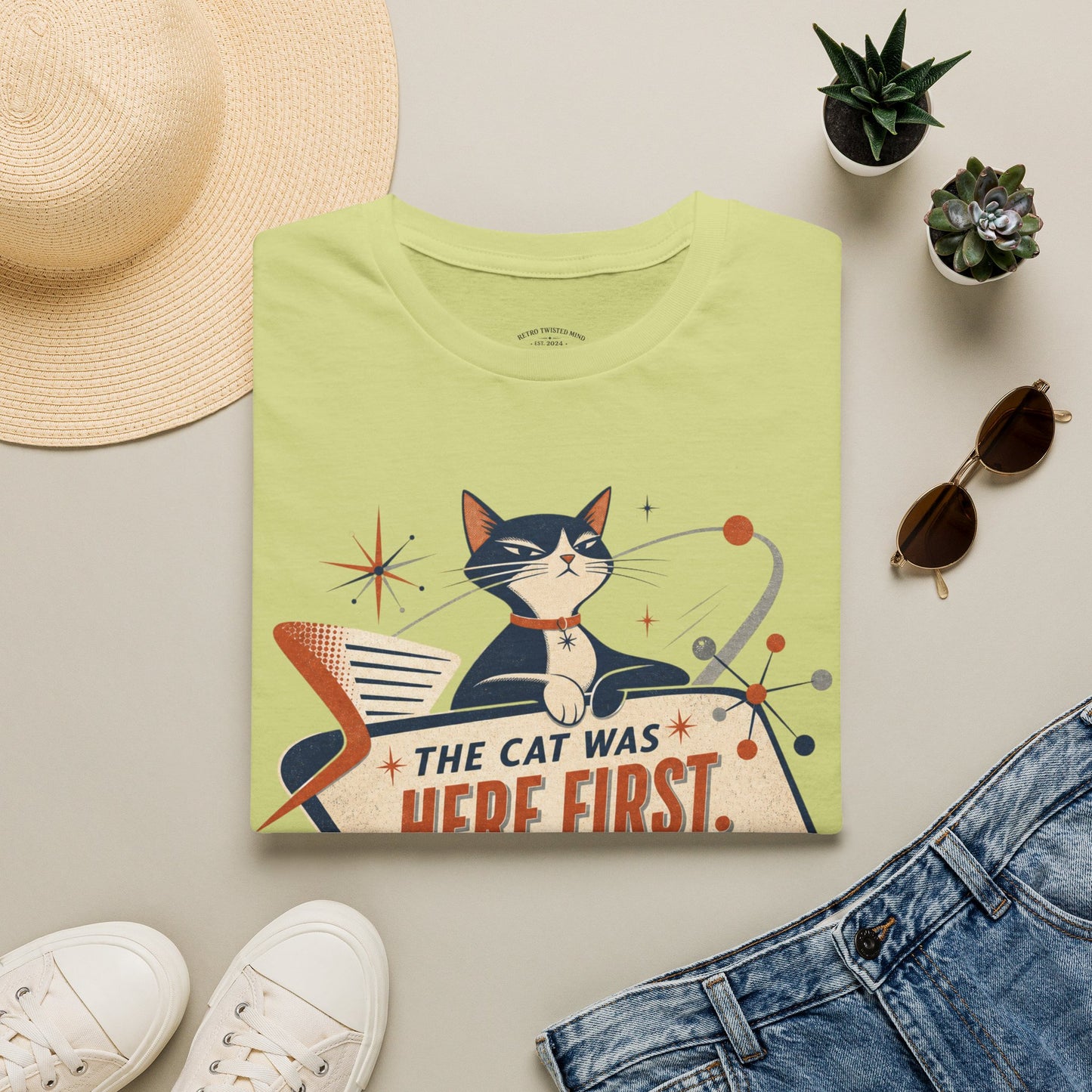 Cat Was Here First T-Shirt — Retro Mid-Century Kitty "You’re Just Visiting" Tee