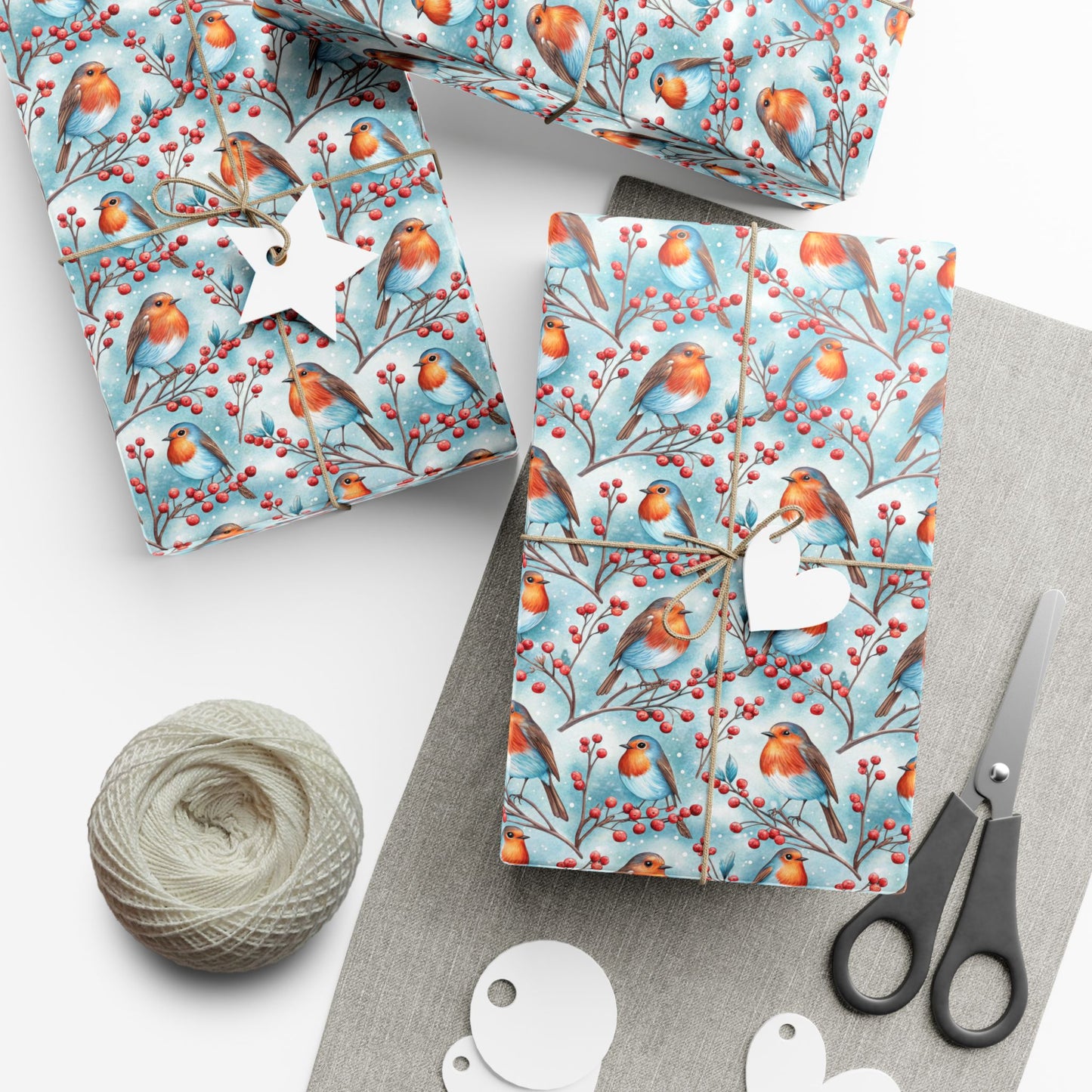 Robin & Berries Gift Wrap Paper — Winter Holiday Wrapping Sheets