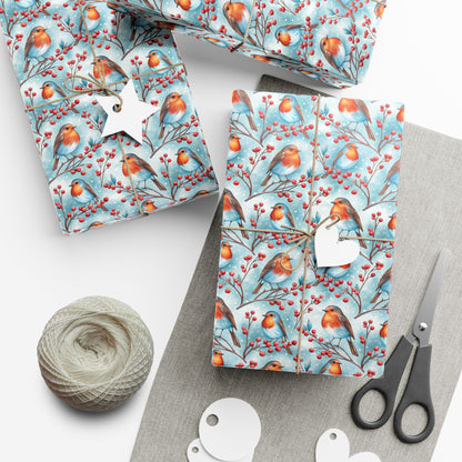 Robin & Berries Gift Wrap Paper — Winter Holiday Wrapping Sheets