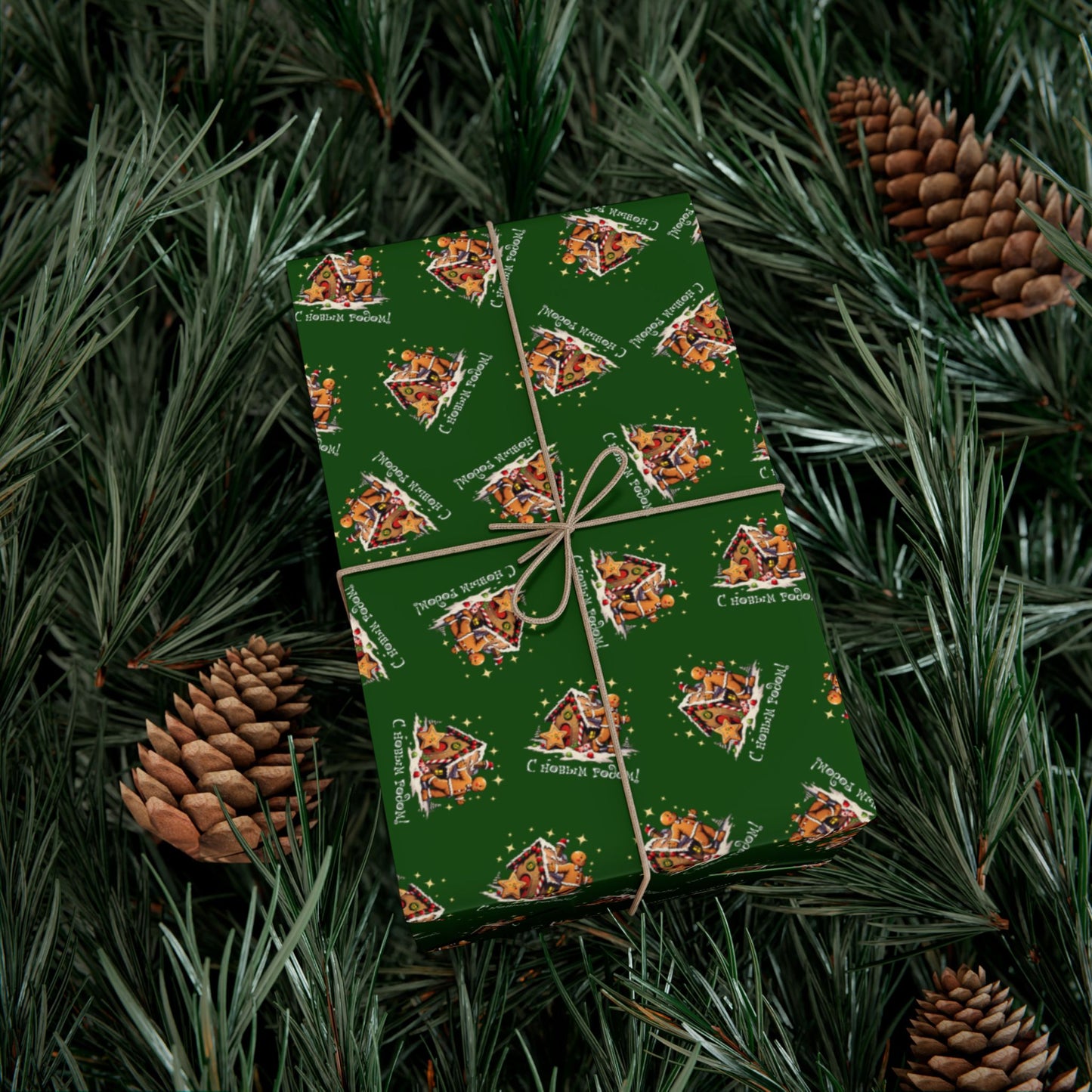 Gift Wrap Paper - Festive Green Holiday Pattern with Gingerbread Houses