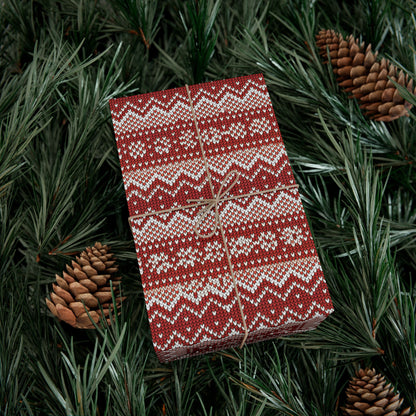 Holiday Knit-Pattern Gift Wrap Paper — Red Nordic Christmas Wrapping Sheets