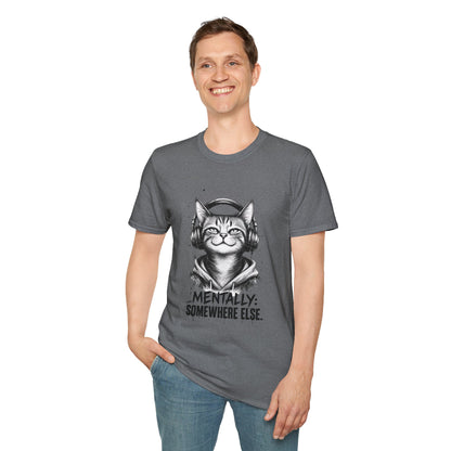 T-Shirt — Cat with Headphones "Mentally: Somewhere Else" – Cute Relaxed Graphic Tee for Cat Lovers