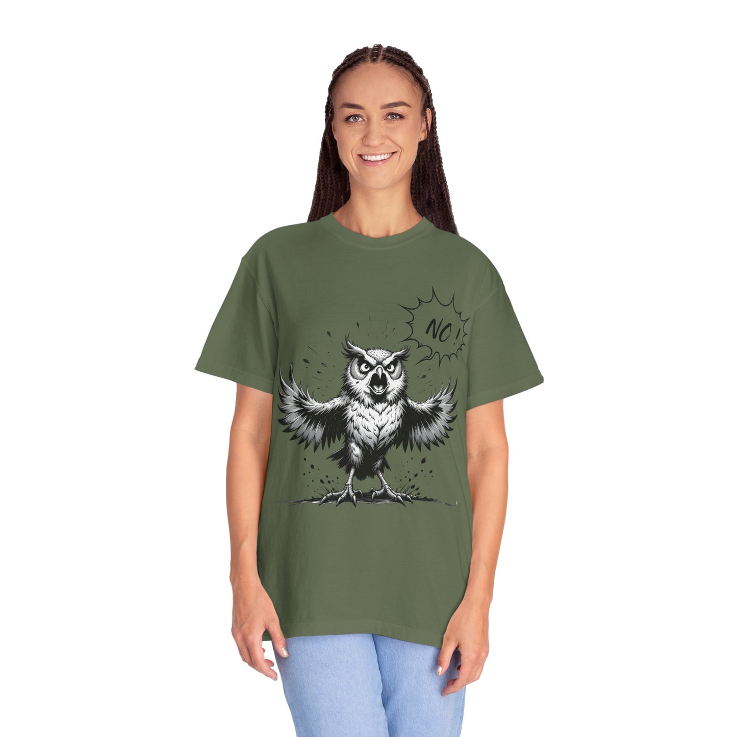 Owl Saying “No” Graphic T-Shirt — Bold Monochrome Illustration