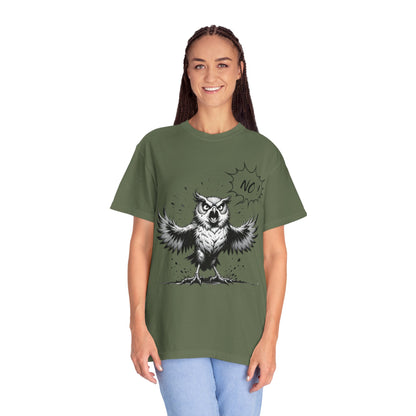 Owl Saying “No” Graphic T-Shirt — Bold Monochrome Illustration