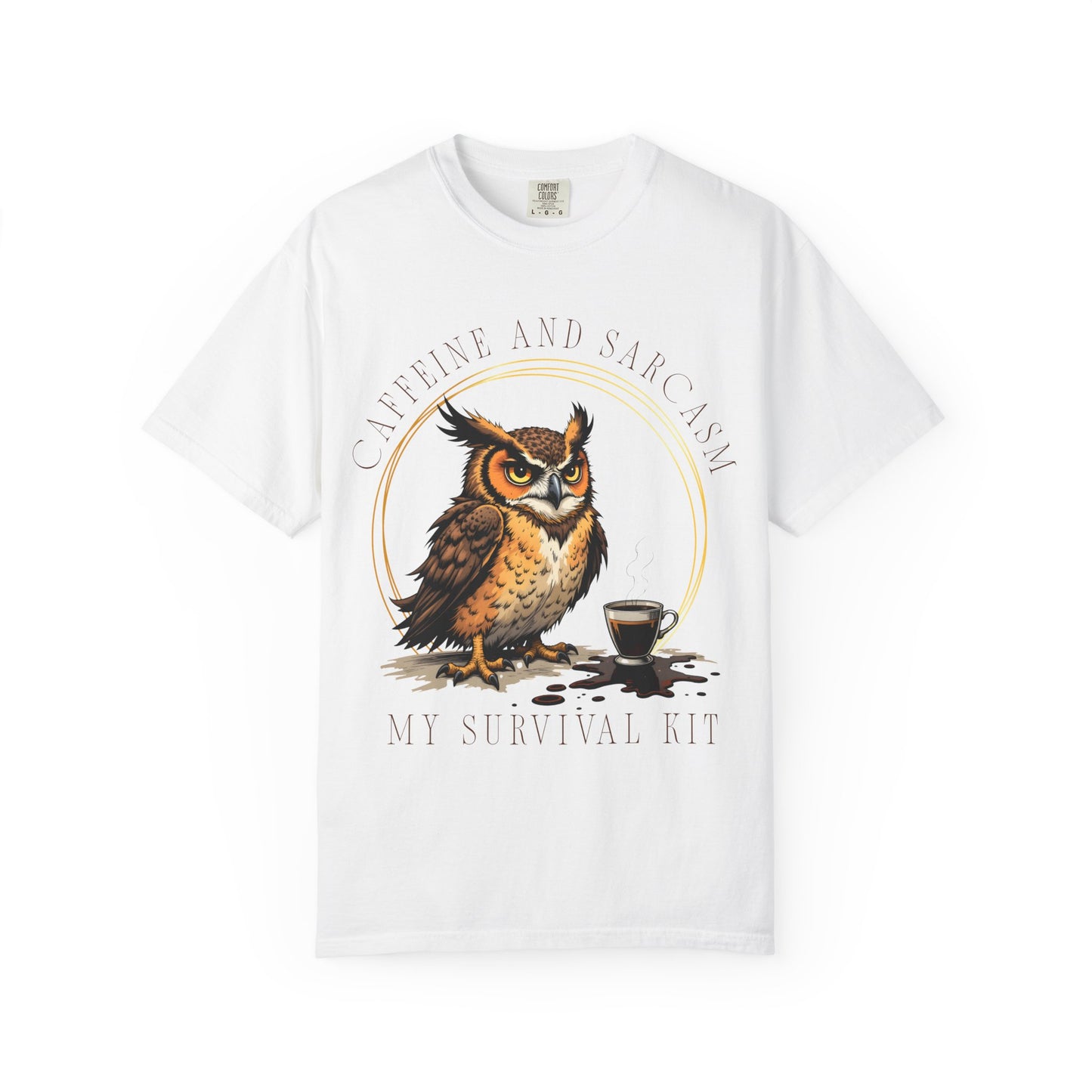 Coffee & Sarcasm Owl T-Shirt — "My Survival Kit" Graphic Tee