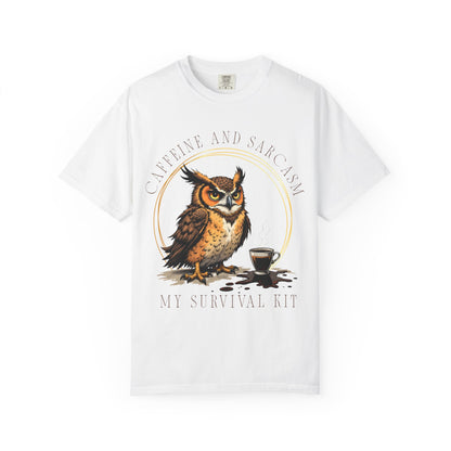 Coffee & Sarcasm Owl T-Shirt — "My Survival Kit" Graphic Tee