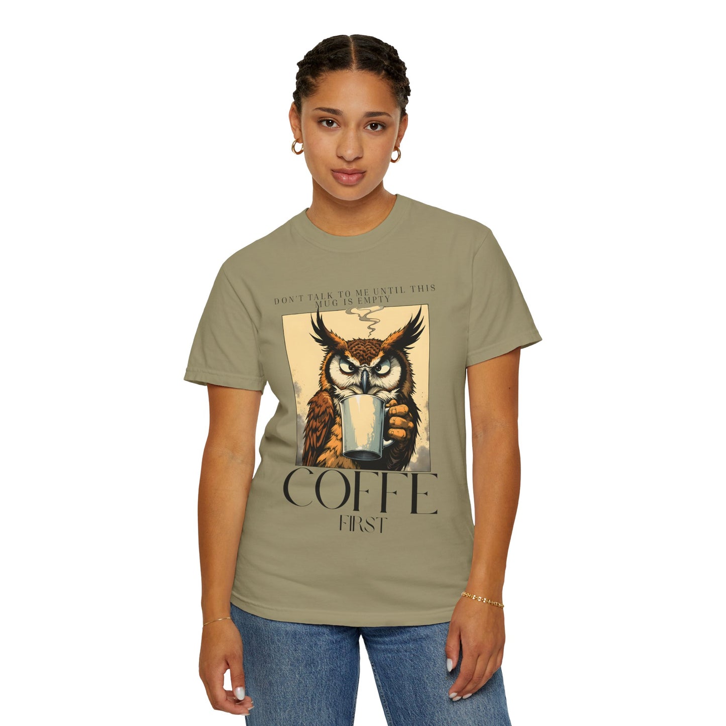 Coffee First Owl T-Shirt — Vintage Coffee Lover Graphic Tee