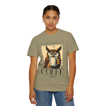 Coffee First Owl T-Shirt — Vintage Coffee Lover Graphic Tee