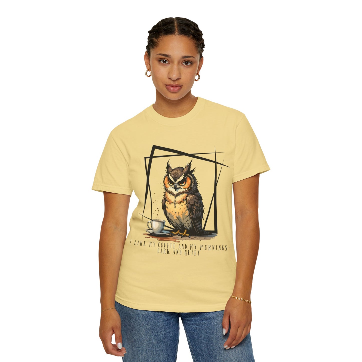 Owl & Coffee Graphic T-Shirt — 'A Day to Coffee and Contemplate'