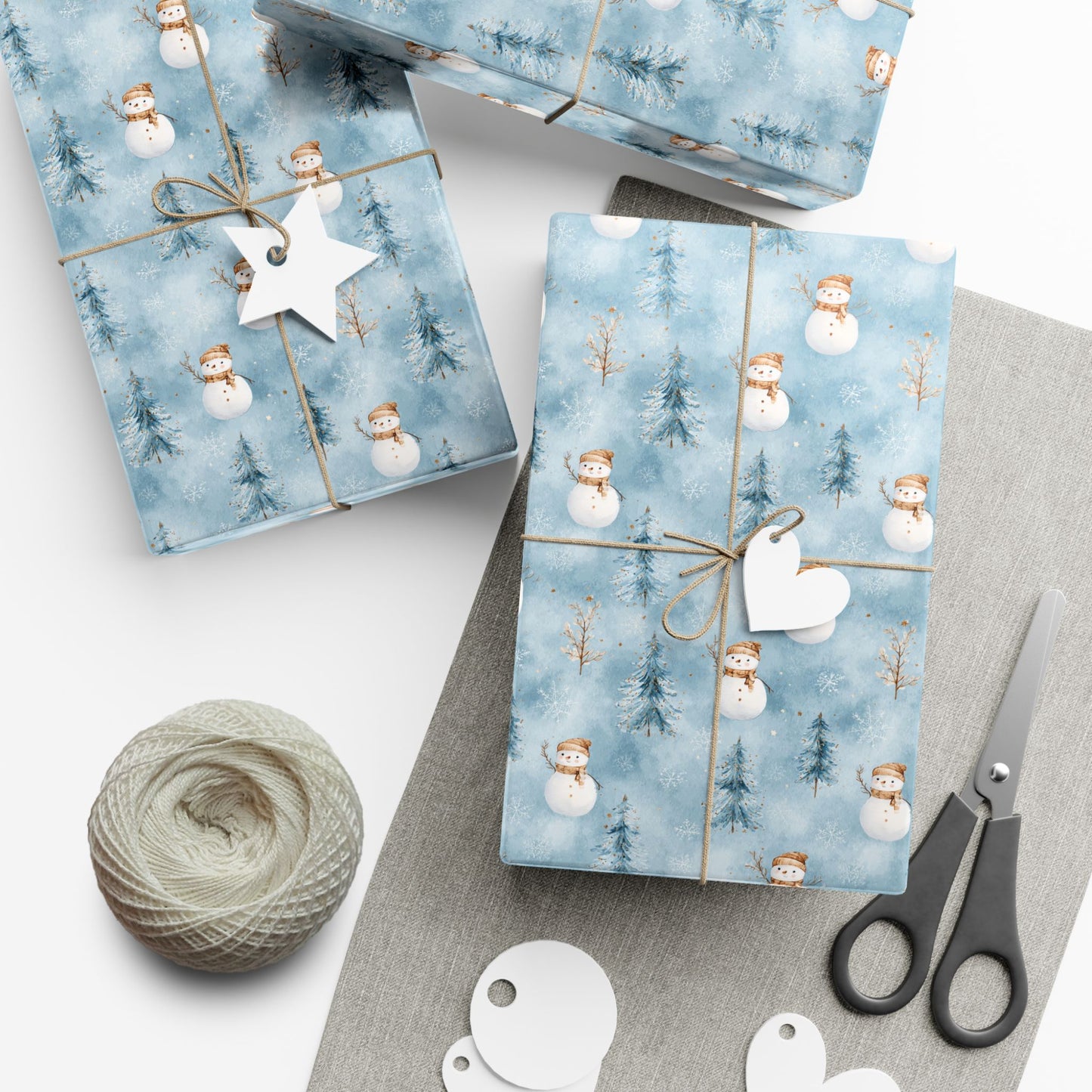 Snowman & Pine Holiday Gift Wrap Paper — Blue Winter Christmas Wrapping Sheets