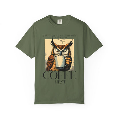 Coffee First Owl T-Shirt — Vintage Coffee Lover Graphic Tee