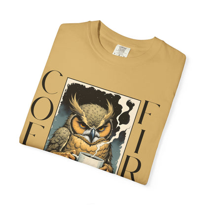Coffee First Owl T-Shirt — Vintage Owl Holding  Graphic Tee