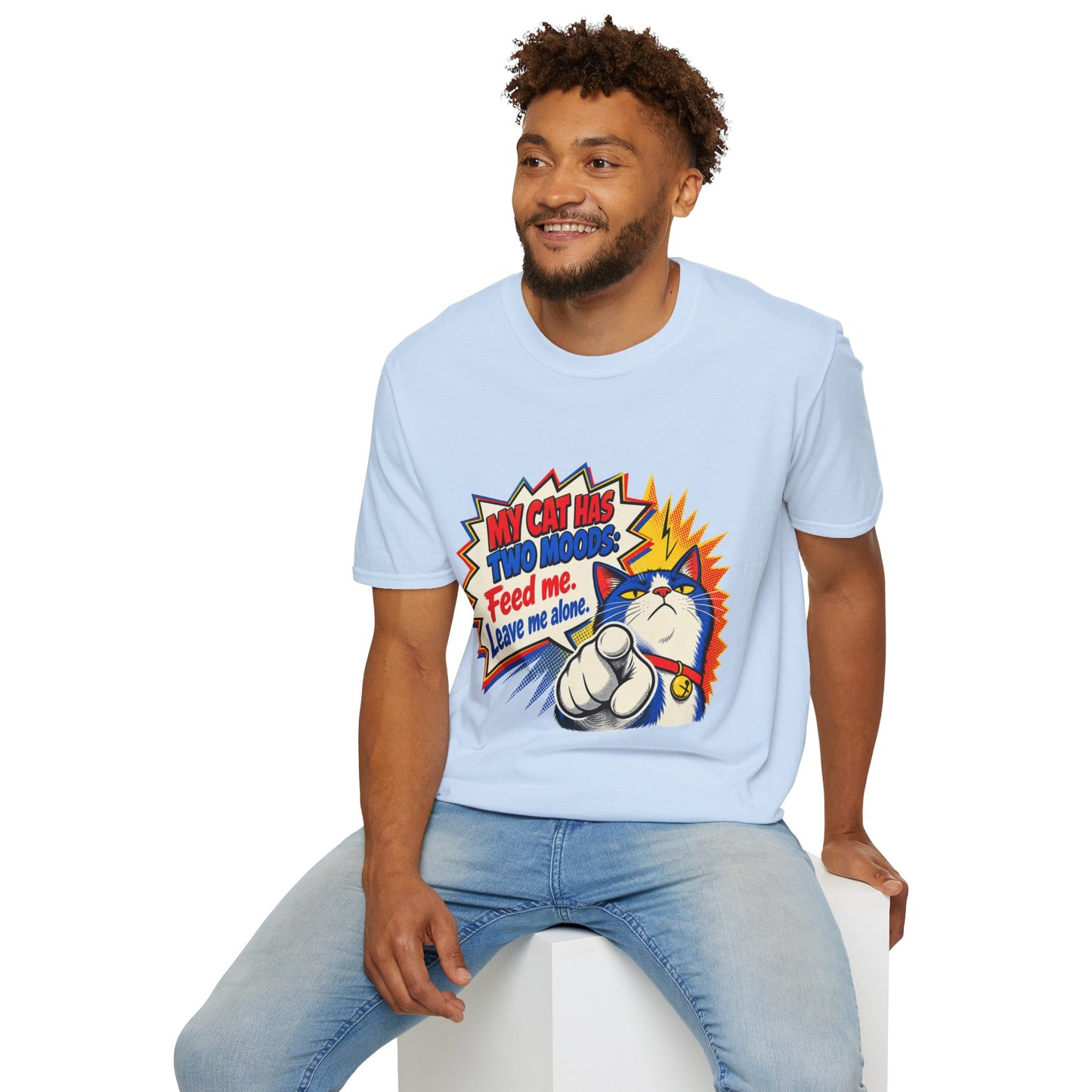 Cat T-Shirt — "My Cat Has Two Moods: Feed Me, Leave Me Alone" Funny Retro Comic Tee