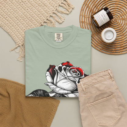 Rose Sketch T-Shirt — Black & Red Botanical Graphic Tee