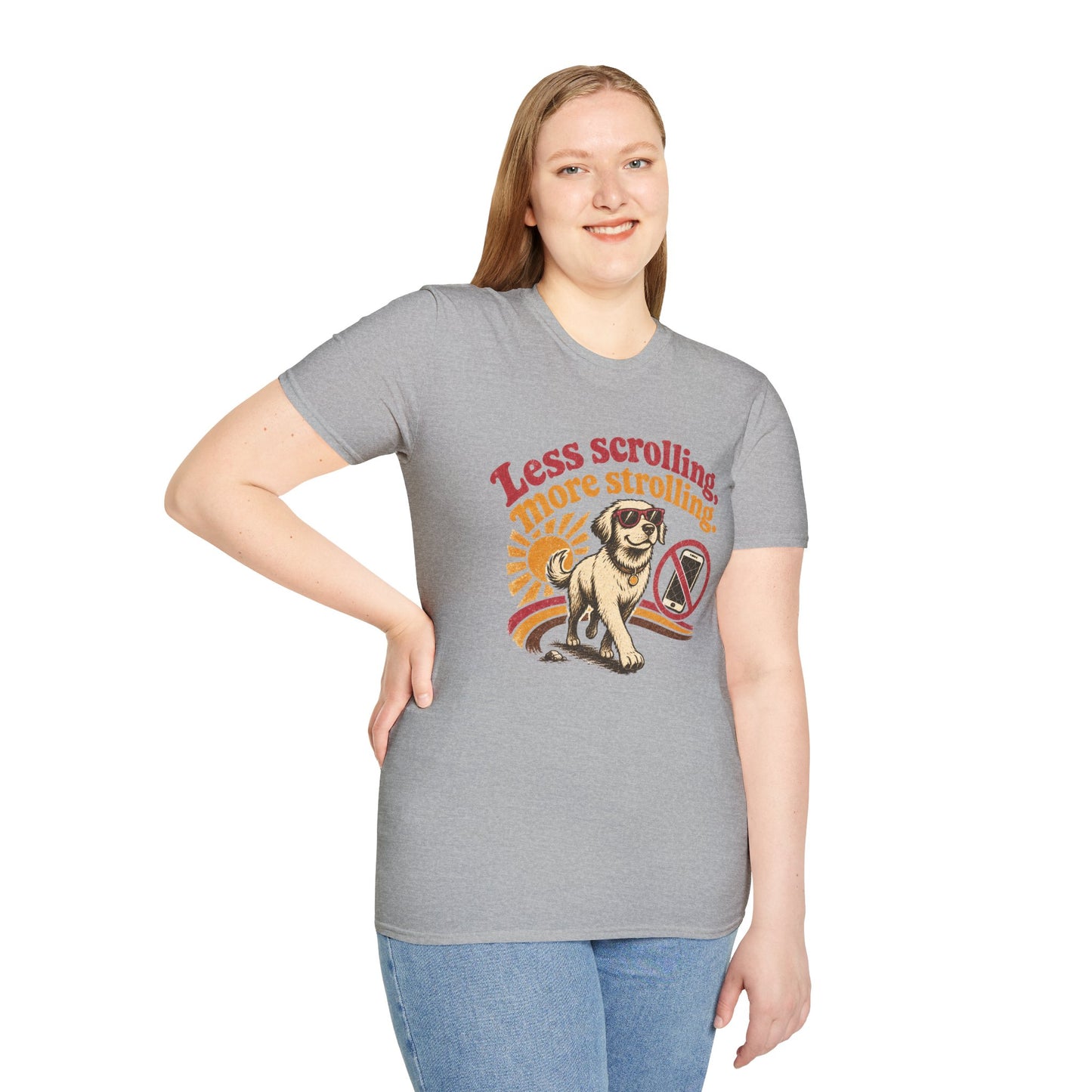 Less Scrolling More Strolling T-Shirt — Retro Dog Walk Graphic Tee