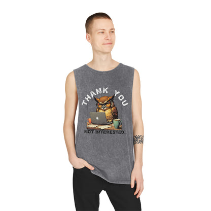Thank You, Not Interested Tank Top — Funny Owl Laptop Graphic Stonewash Tank