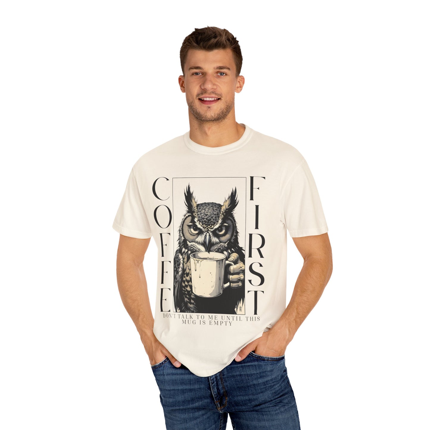 Coffee First Owl T-Shirt — Funny Morning Coffee Tee