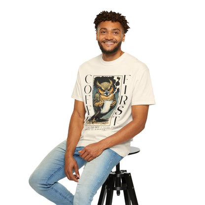 Coffee First Owl T-Shirt — Vintage Owl Holding  Graphic Tee