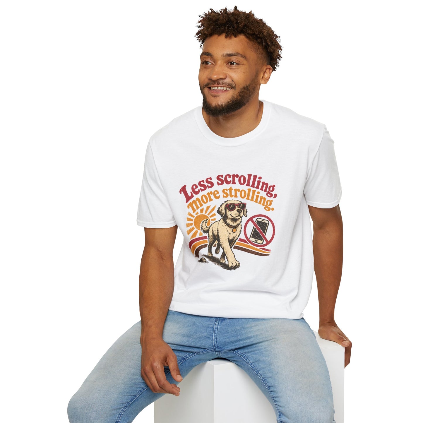 Less Scrolling More Strolling T-Shirt — Retro Dog Walk Graphic Tee