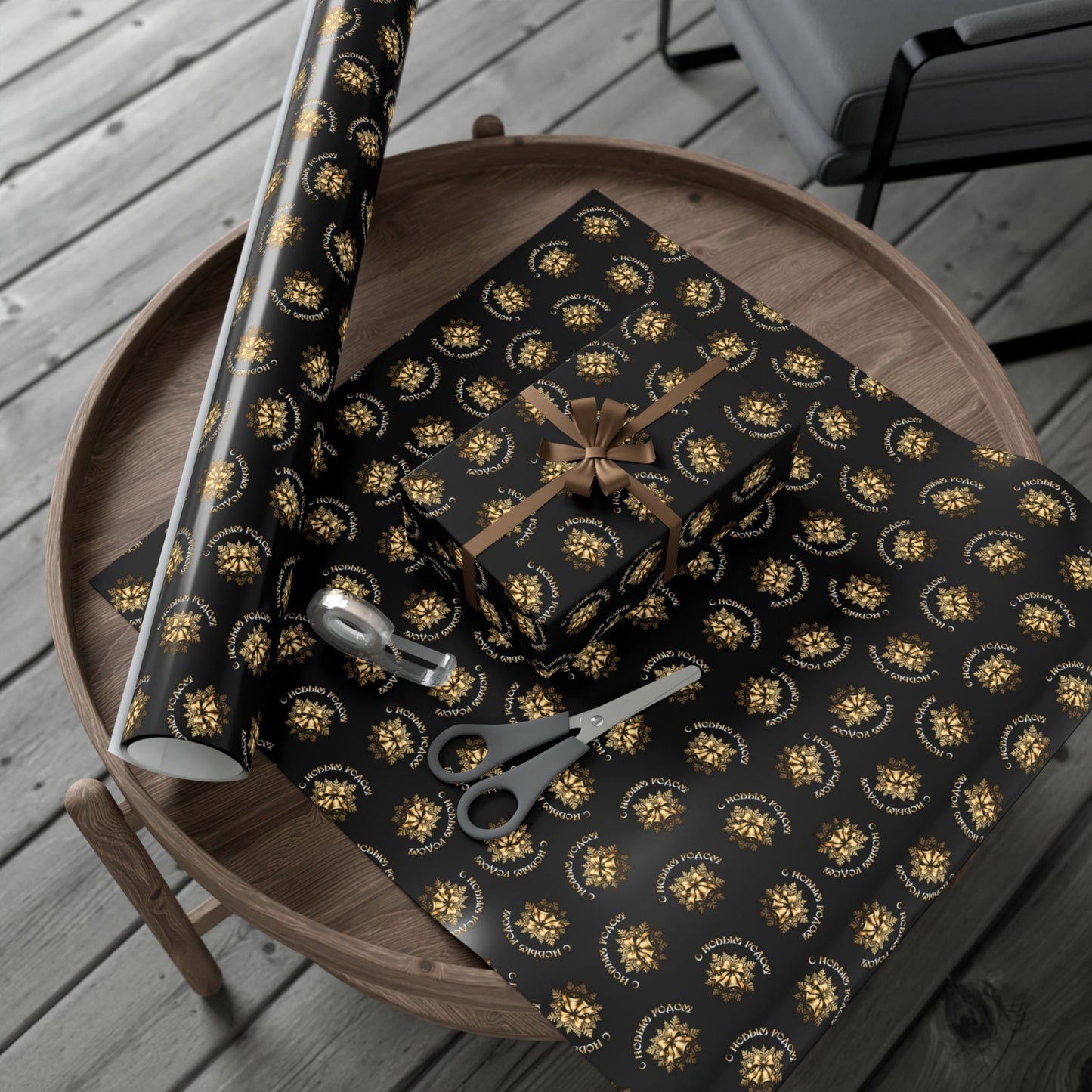Gift Wrap Paper — Elegant Black & Gold Floral Holiday Wrapping Sheets