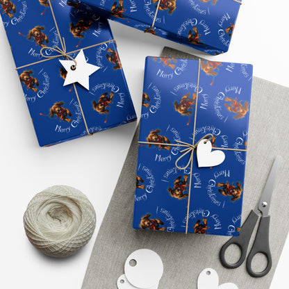Blue Holiday Wrapping Paper with Reindeer & "Merry Christmas" Pattern