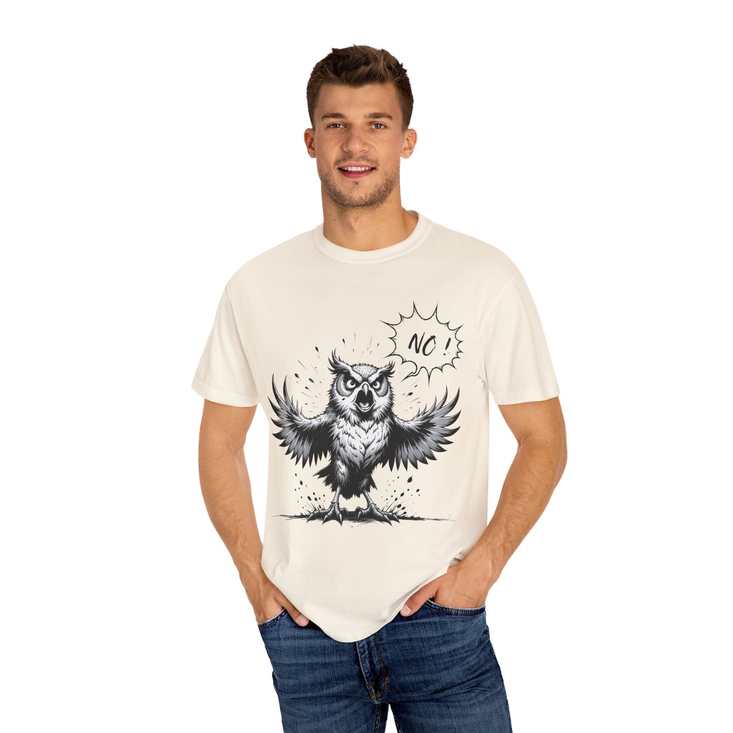 Owl Saying “No” Graphic T-Shirt — Bold Monochrome Illustration