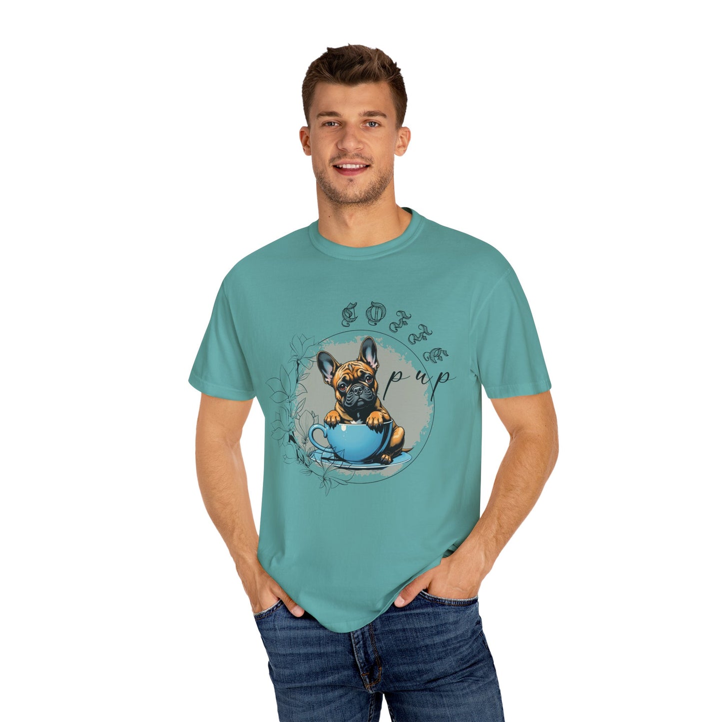 Cute French Bulldog Coffee T-Shirt - Unisex Garment-Dyed Tee