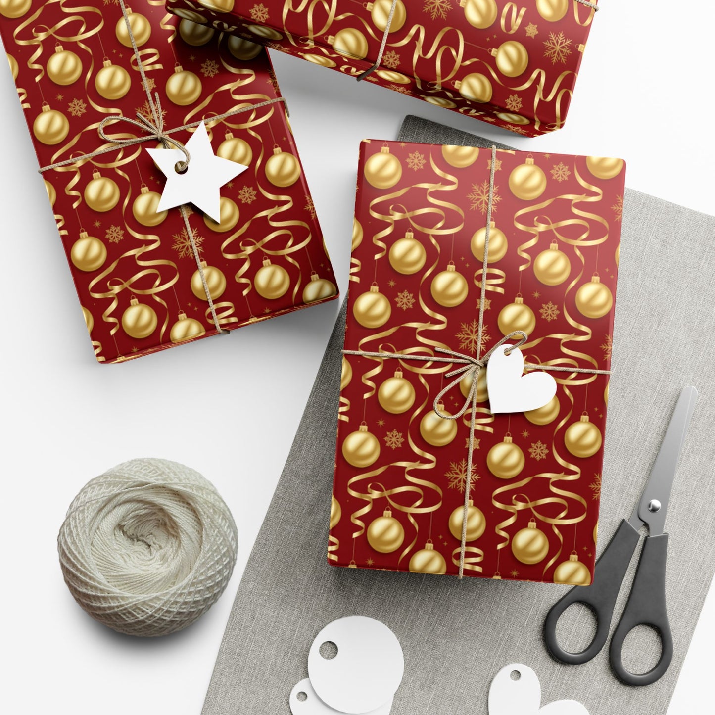 Christmas Gift Wrap Paper - Red & Gold Ornament Pattern, Holiday Wrapping Sheets