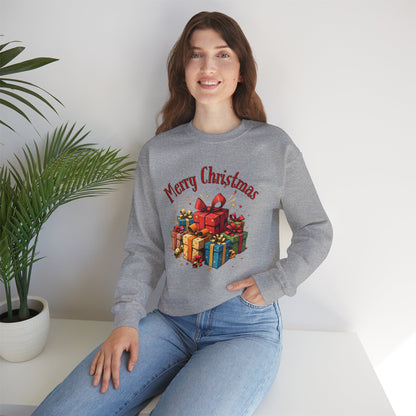 Christmas Crewneck Sweatshirt — "Merry Christmas" with Festive Gift Pile
