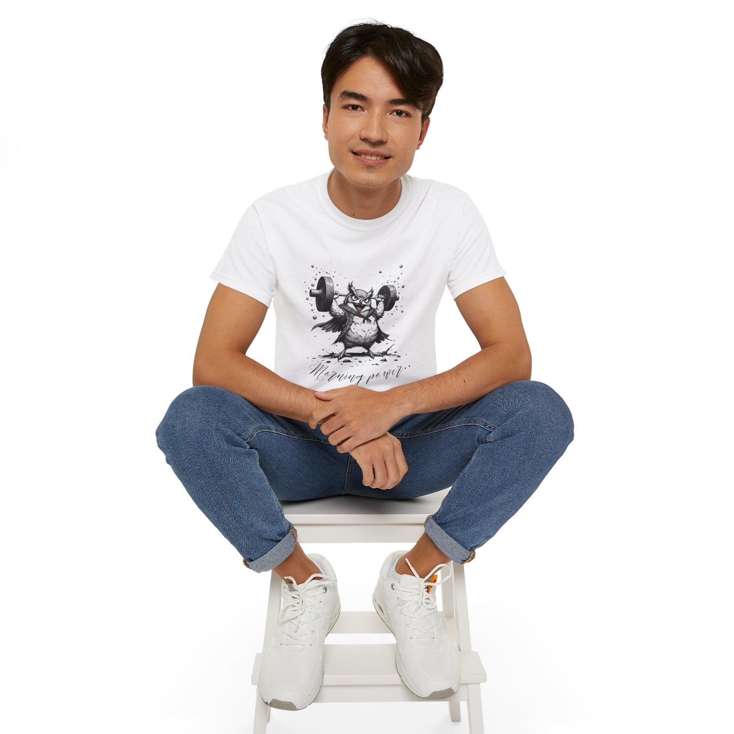 Weightlifting Owl Graphic Tee — "Morning Power" Fitness T-Shirt