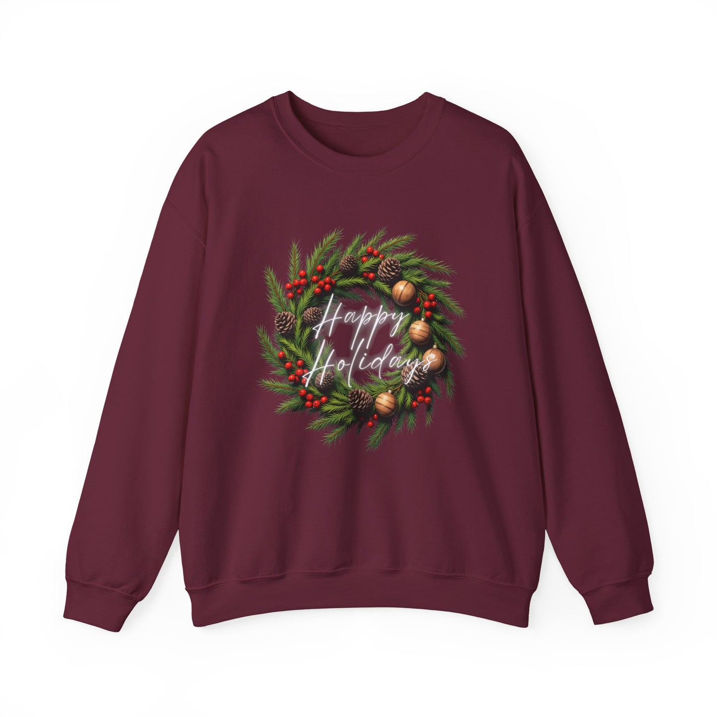 Christmas Wreath Crewneck Sweatshirt – Festive Pine & Ornaments Holiday Sweater