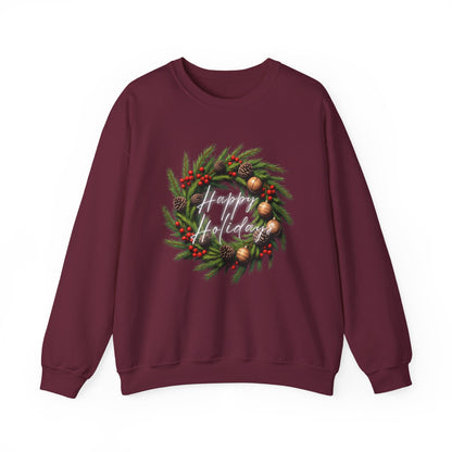Christmas Wreath Crewneck Sweatshirt – Festive Pine & Ornaments Holiday Sweater