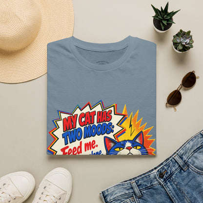 Cat T-Shirt — "My Cat Has Two Moods: Feed Me, Leave Me Alone" Funny Retro Comic Tee