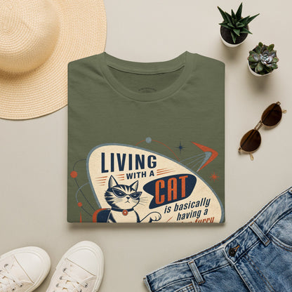 Cat T-Shirt — "Living with a Cat is Basically Having a Furry CEO" Retro Graphic