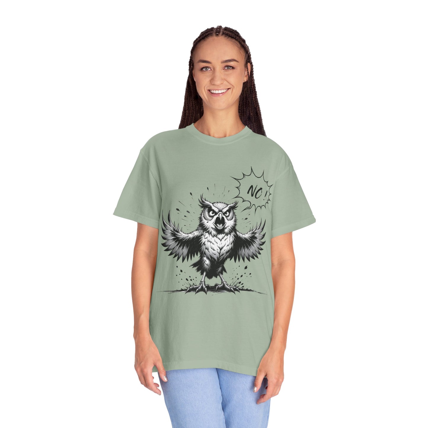 Owl Saying “No” Graphic T-Shirt — Bold Monochrome Illustration