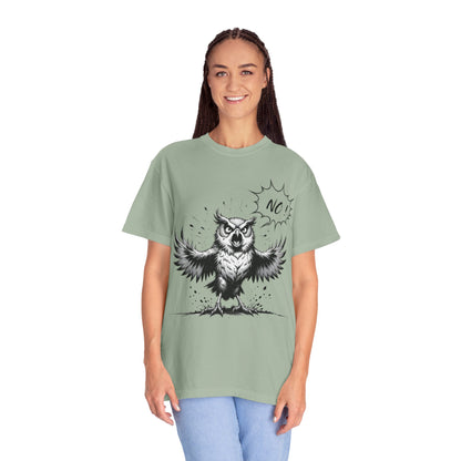 Owl Saying “No” Graphic T-Shirt — Bold Monochrome Illustration
