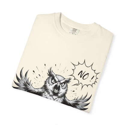 Owl Saying “No” Graphic T-Shirt — Bold Monochrome Illustration