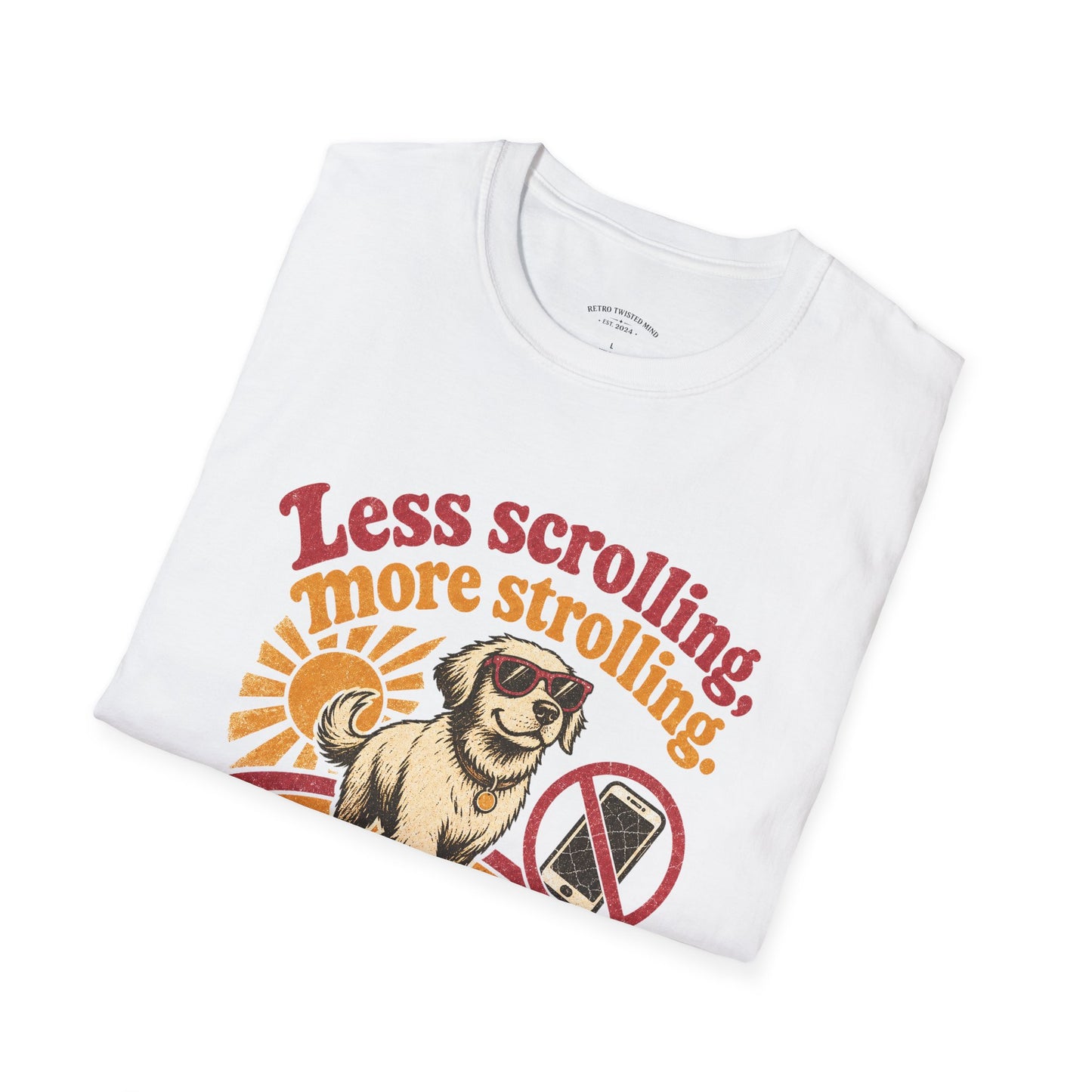 Less Scrolling More Strolling T-Shirt — Retro Dog Walk Graphic Tee