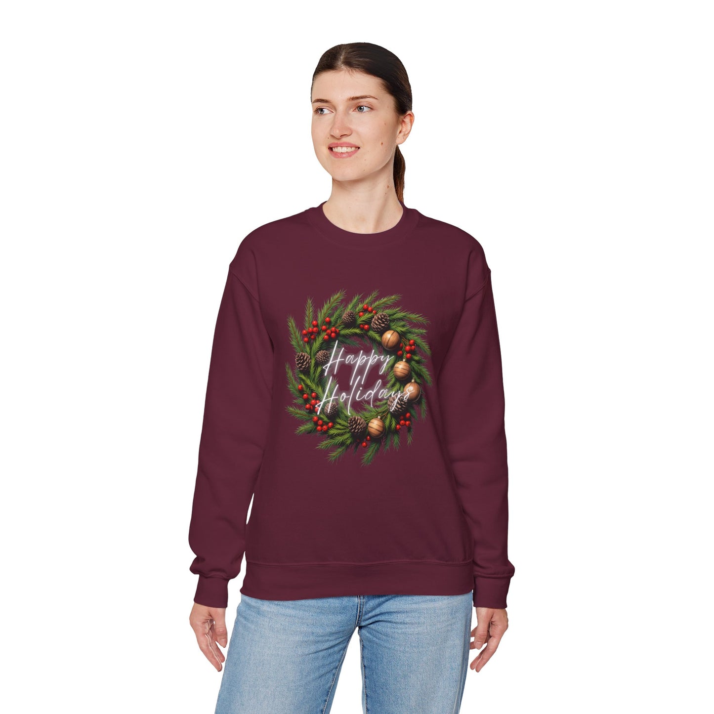 Christmas Wreath Crewneck Sweatshirt – Festive Pine & Ornaments Holiday Sweater