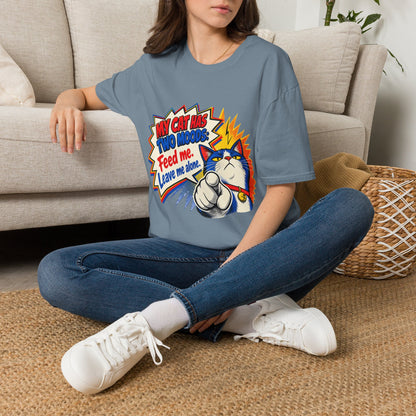 Cat T-Shirt — "My Cat Has Two Moods: Feed Me, Leave Me Alone" Funny Retro Comic Tee