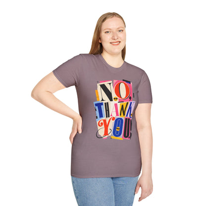 No, Thank You Graphic Tee — Colorful Bold Lettering T‑Shirt