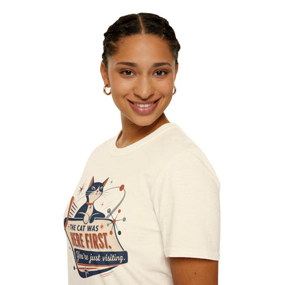 Cat Was Here First T-Shirt — Retro Mid-Century Kitty "You’re Just Visiting" Tee
