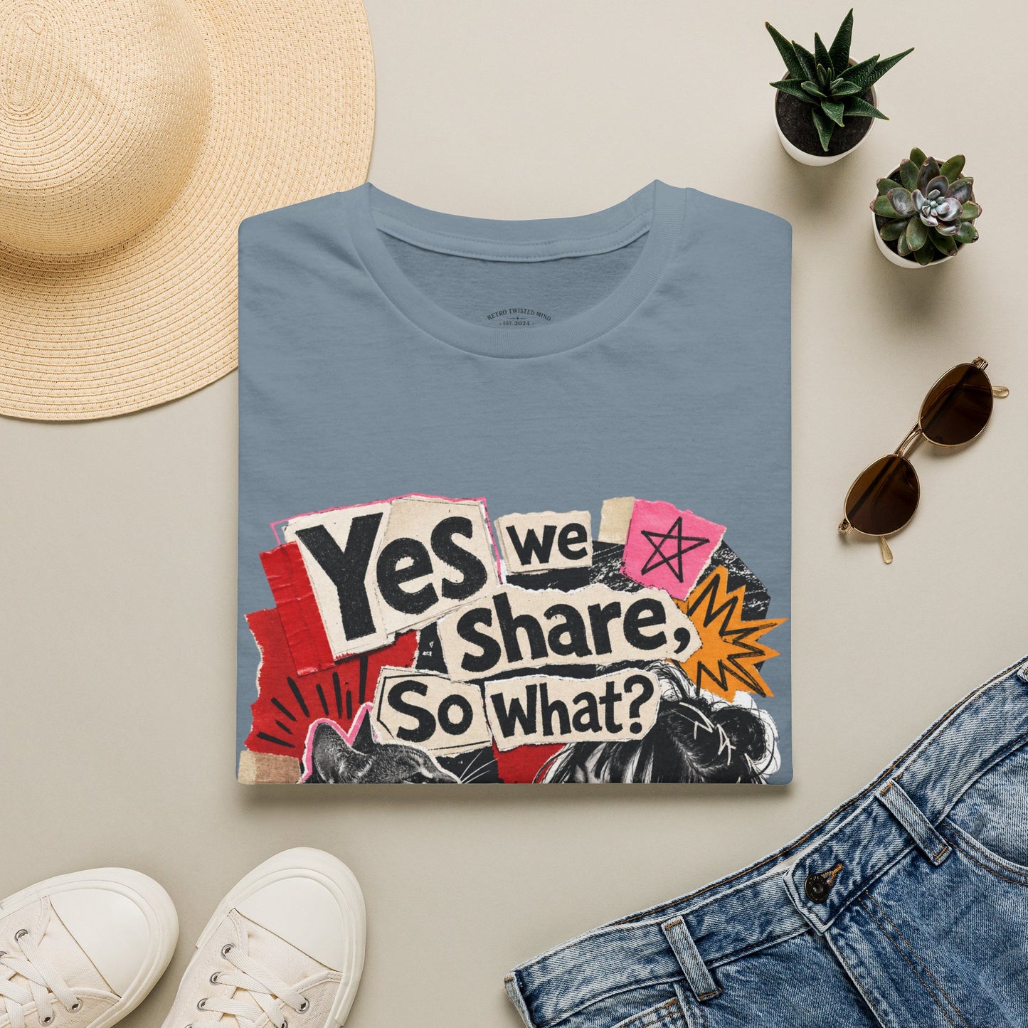 T-Shirt — "Yes We Share, So What?" Retro Collage Graphic Tee