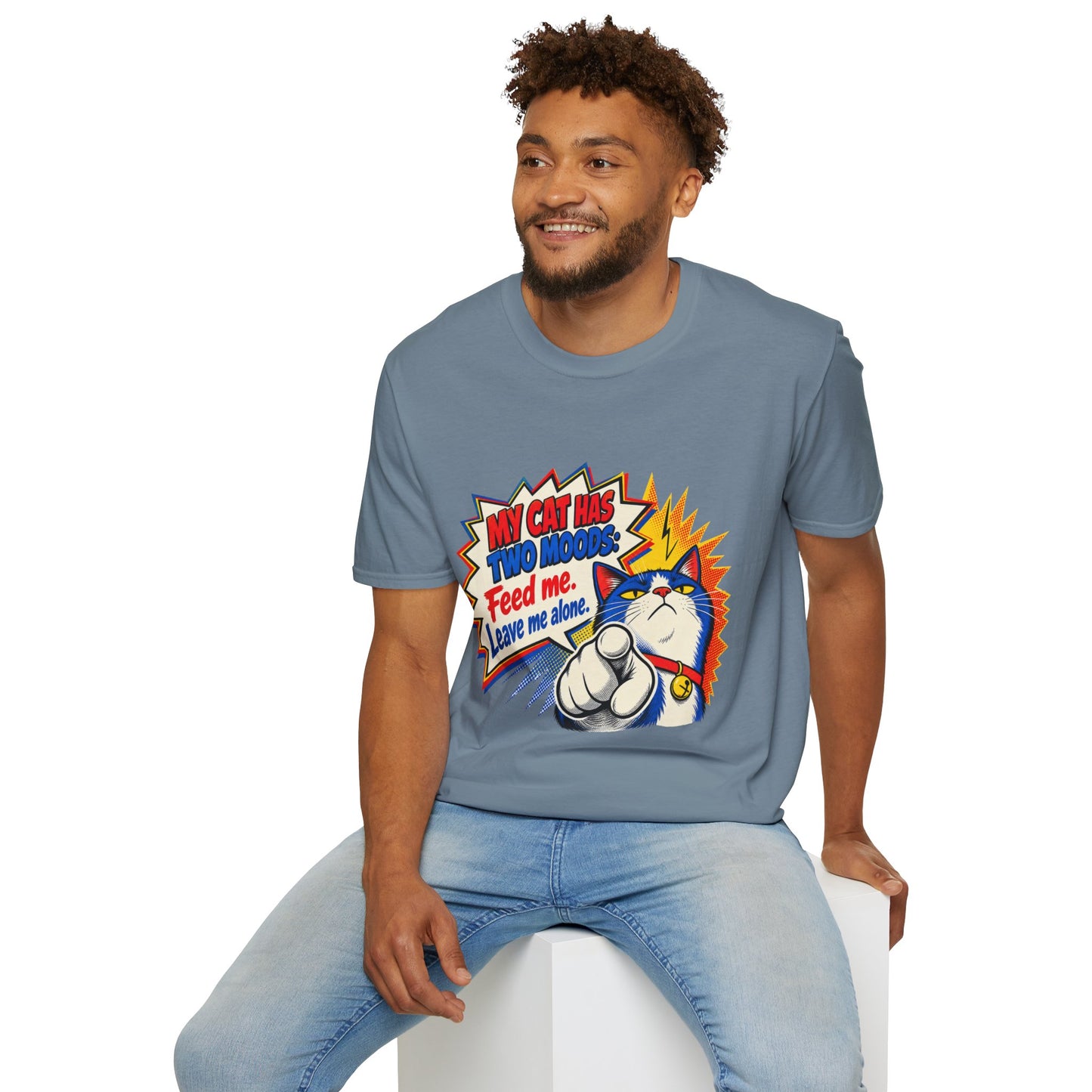 Cat T-Shirt — "My Cat Has Two Moods: Feed Me, Leave Me Alone" Funny Retro Comic Tee