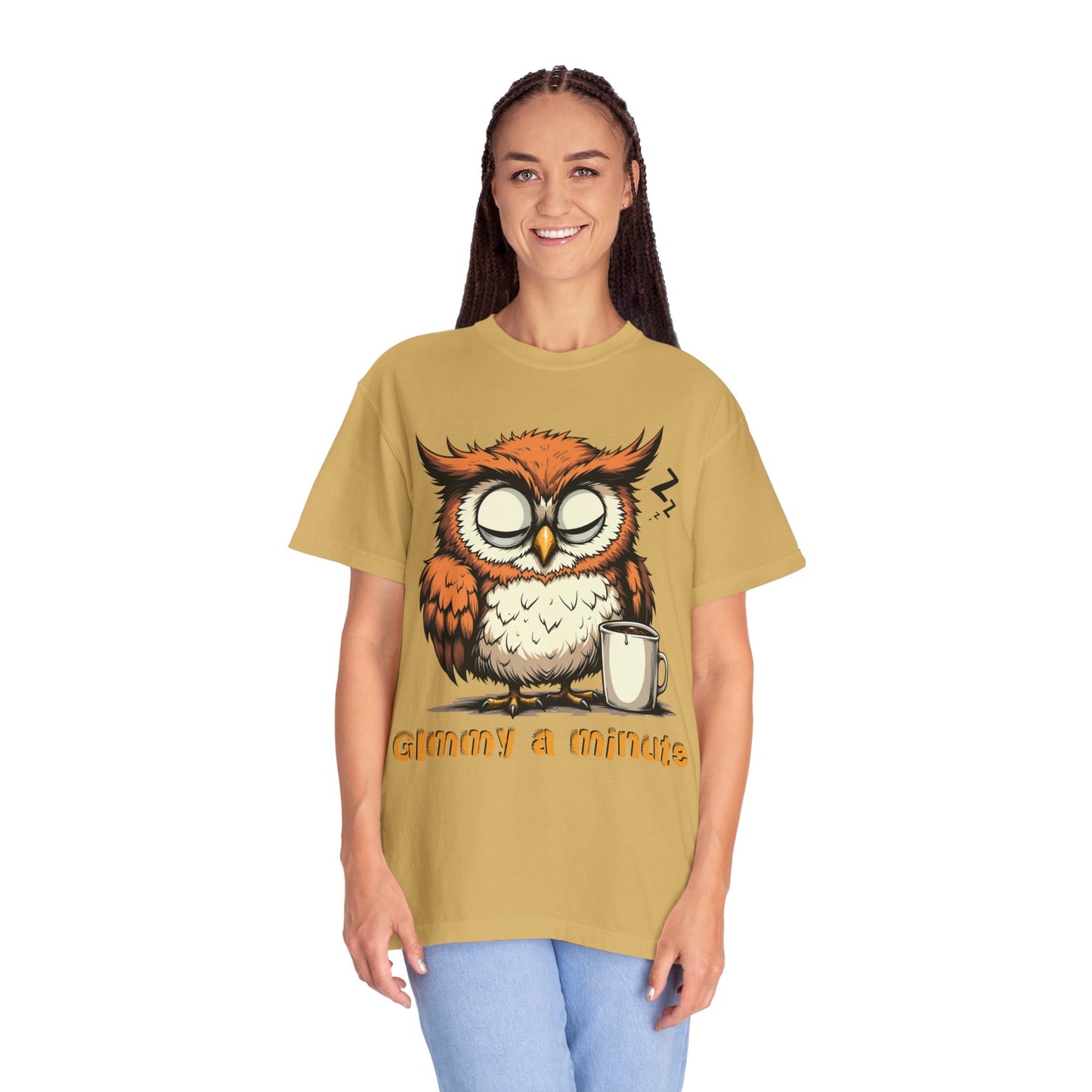 Sleepy Owl Coffee T-Shirt — "Gimme a Minute" Cute Morning Tee