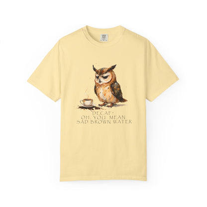 Owl Tea Graphic T-Shirt — “Decaf? Of Course I Mean Half‑Caf With Water”