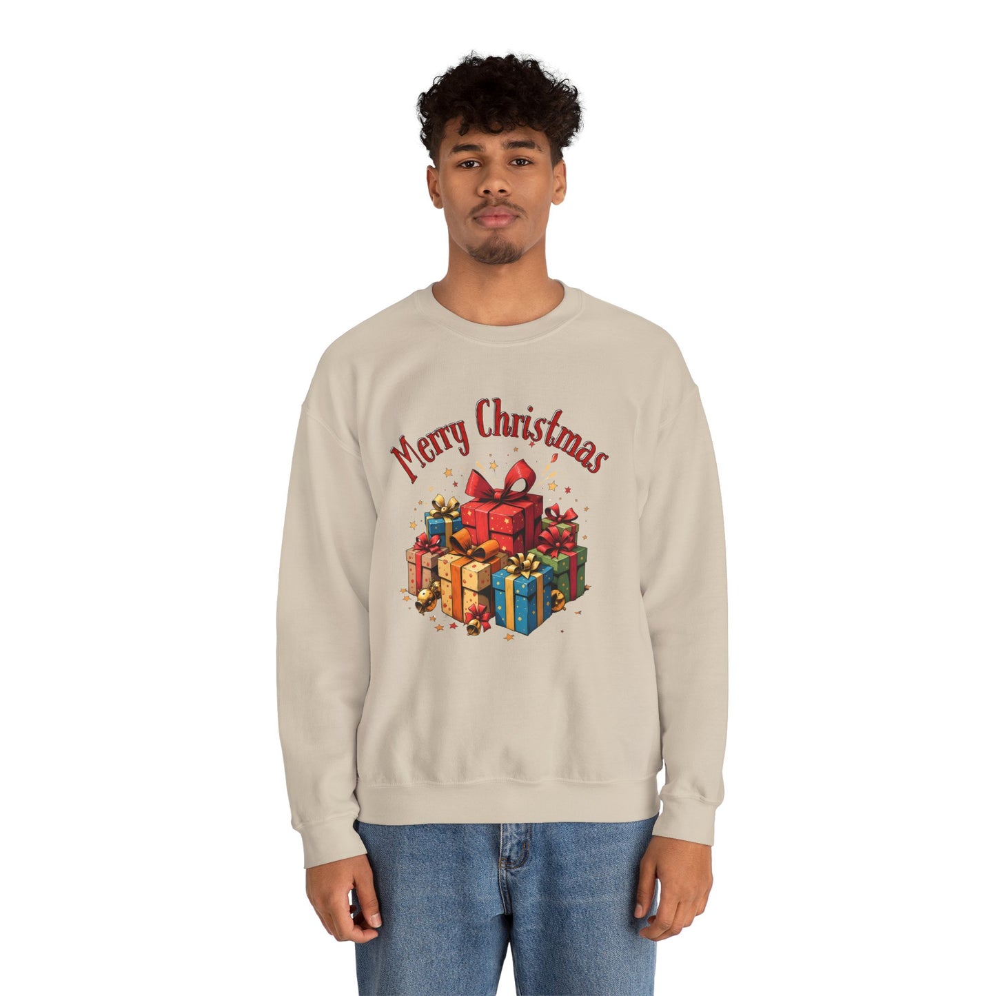 Christmas Crewneck Sweatshirt — "Merry Christmas" with Festive Gift Pile