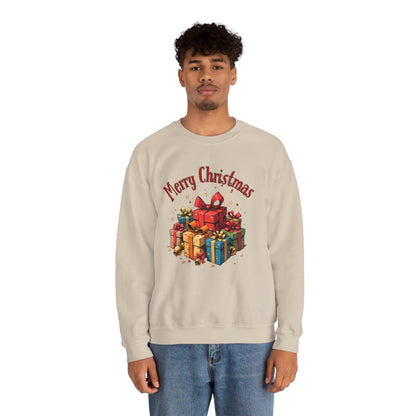 Christmas Crewneck Sweatshirt — "Merry Christmas" with Festive Gift Pile